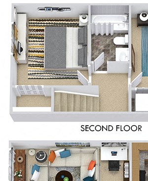 3D Oakmont 3D Oakmont 2 bedroom townhome. first story with living-kitchen-dining-half bath. 2nd story with bedrooms and 1 full bath. in-unit laundry.